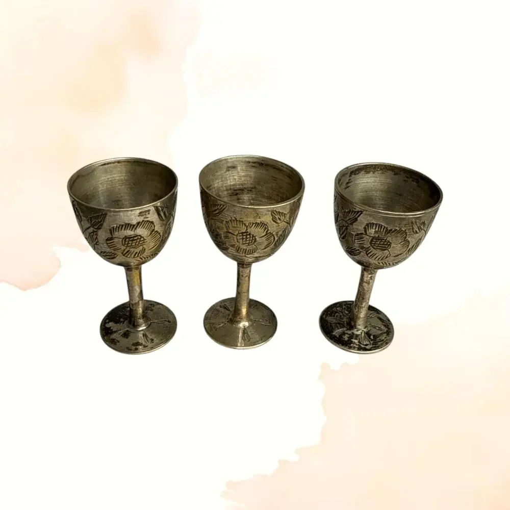 Vintage India Silver Plated Brass Cordial Goblets Set 6 Floral Boho Barware